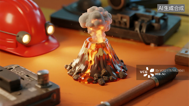 【AI数字艺术】迷你火山爆发模型与探险装备图片素材