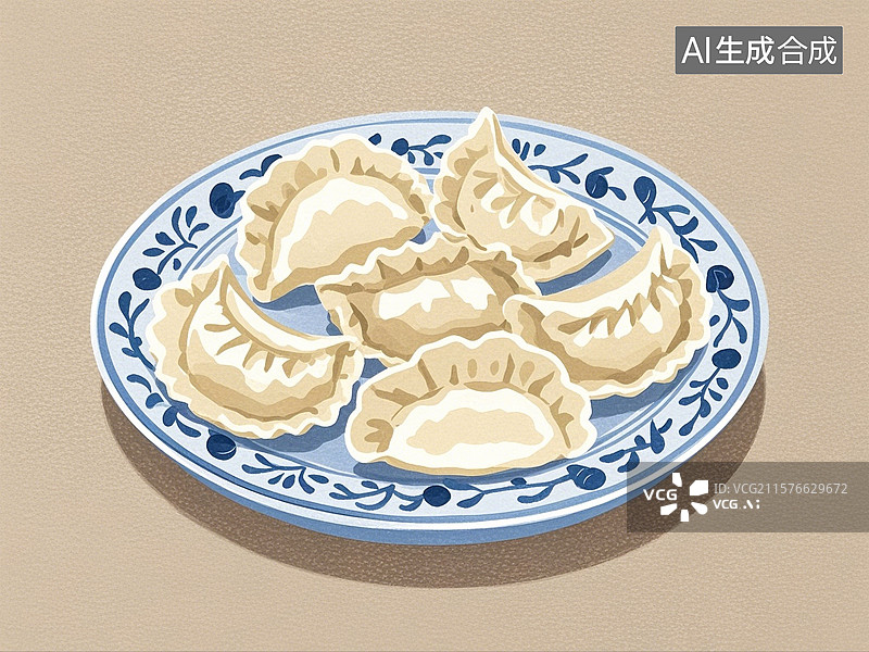 【AI数字艺术】手绘插画，饺子，水饺，面食，中国传统美食，春节新年传统节日食物图片素材