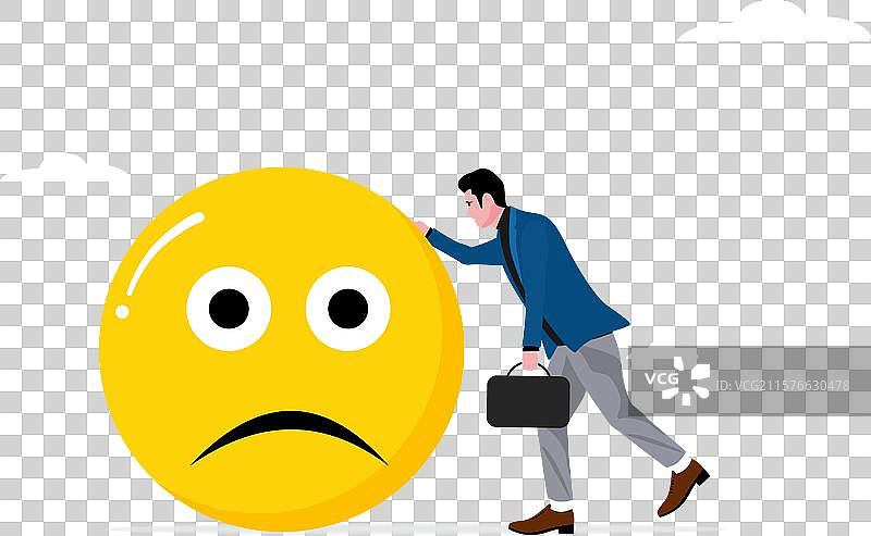 伤心的商人靠在一个巨大的伤心表情符号上图片素材