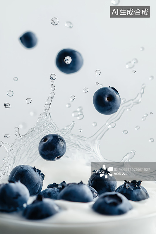 【AI数字艺术】蓝莓落入牛奶，溅起水花图片素材