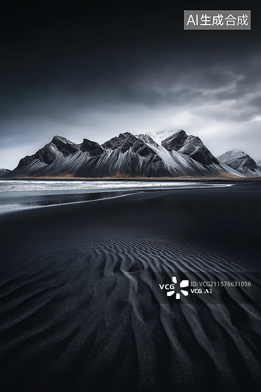 【AI数字艺术】黑沙滩上的波纹与远处雪山图片素材