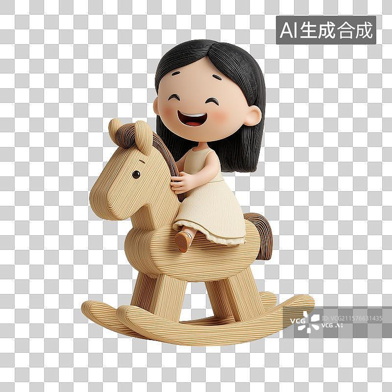 【AI数字艺术】3d卡通，女孩在骑木马图片素材