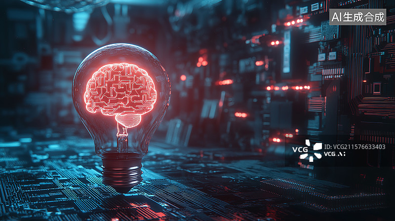 【AI数字艺术】点亮的人脑型电灯泡和人工智能概念创意背景图片素材