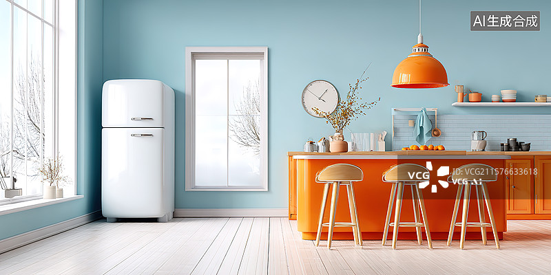 【AI数字艺术】3D卡通风格明快的厨房室内空间插画图片素材