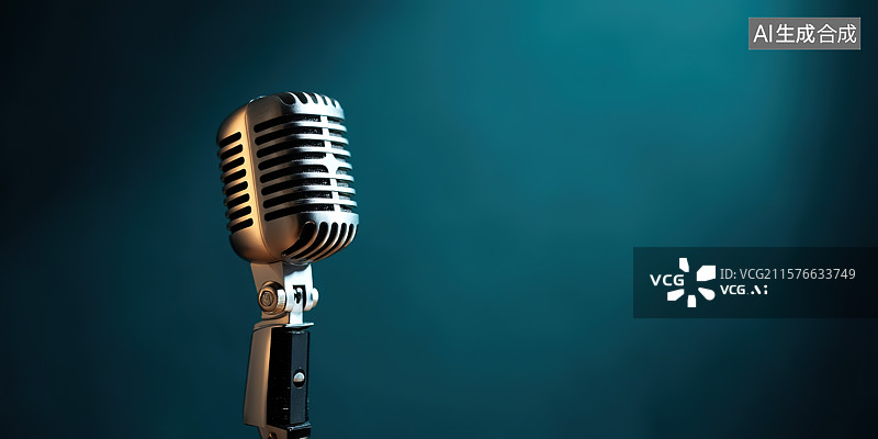 【AI数字艺术】蓝色背景下舞台上的麦克风话筒特写插画图片素材