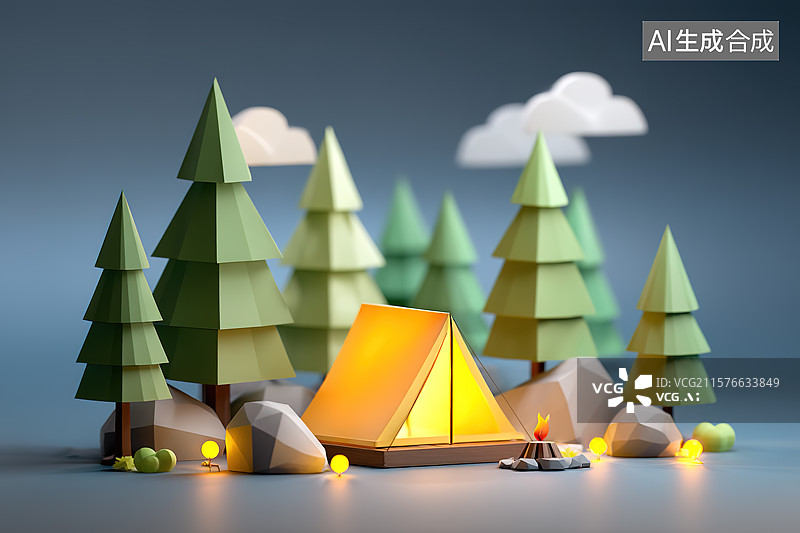 【AI数字艺术】卡通森林里的小帐篷露营主题插画图片素材