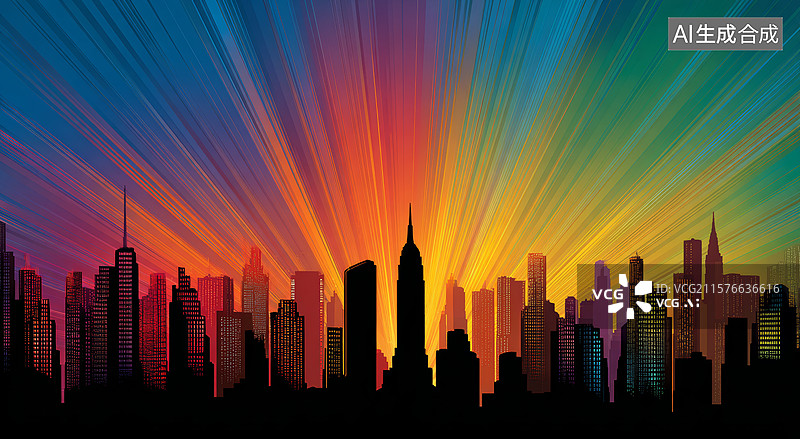 【AI数字艺术】城市剪影与彩虹图片素材