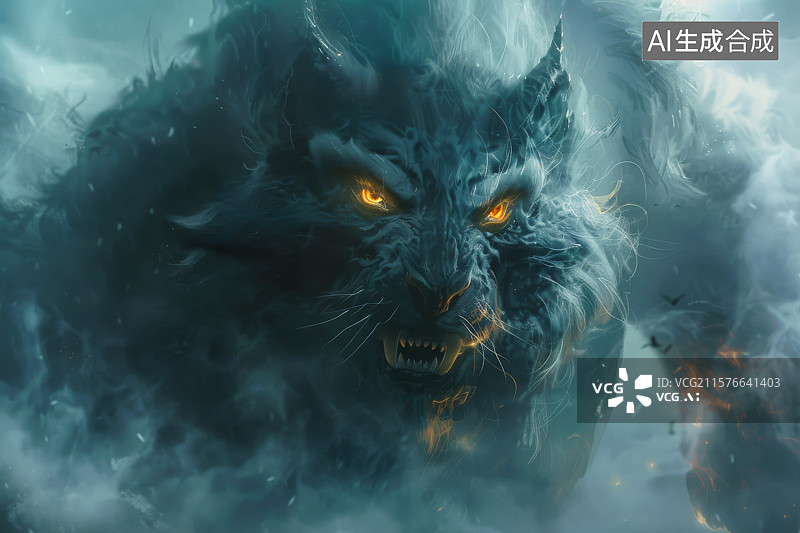 【AI数字艺术】山海经异兽夔牛咆哮于冰封峭壁之巅图片素材