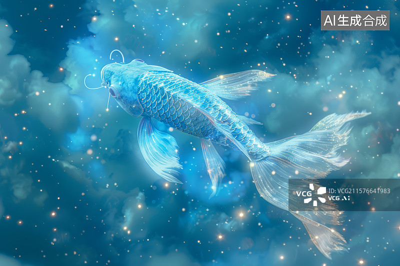 【AI数字艺术】山海经灵鱼腾跃水中星光鳞光闪耀图片素材