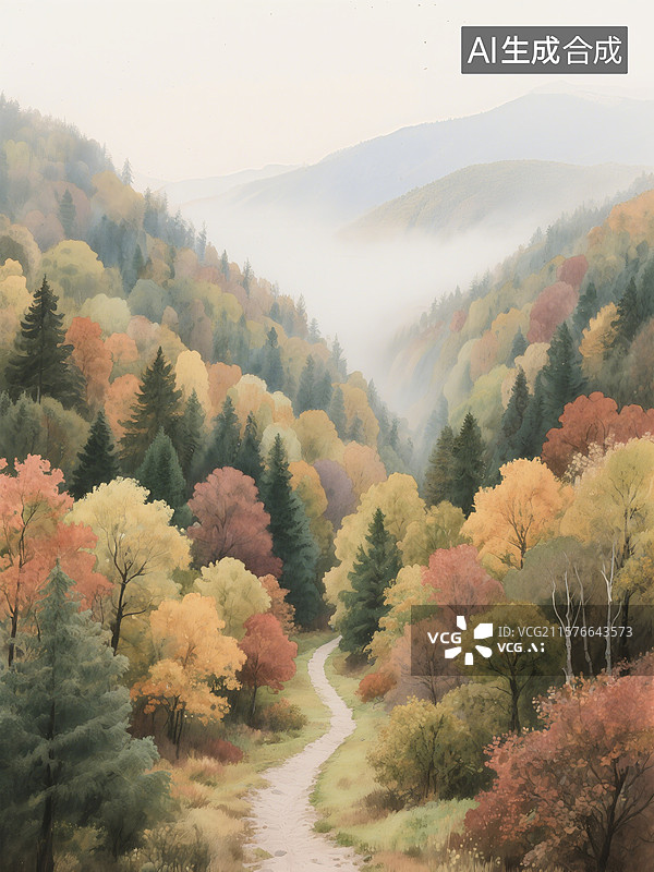 【AI数字艺术】秋日森林中蜿蜒小路两旁树木色彩斑斓，远处山峦被薄雾笼罩图片素材