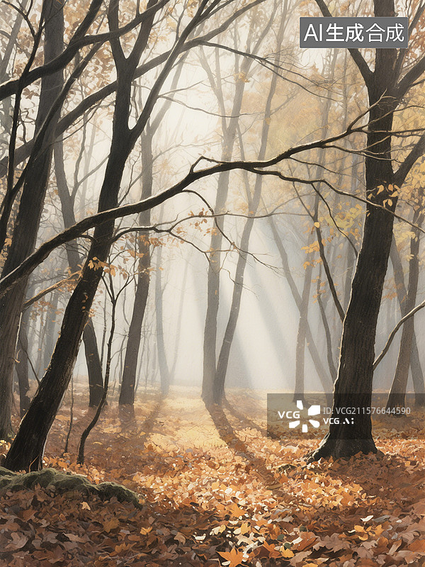 【AI数字艺术】秋日森林中阳光透过薄雾洒在满地落叶上，树木枝干交错，营造出宁静氛围图片素材
