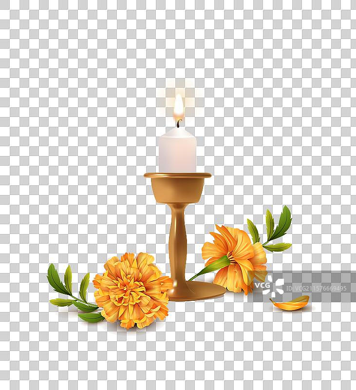 烛台中的燃烧蜡烛和万寿菊花图片素材
