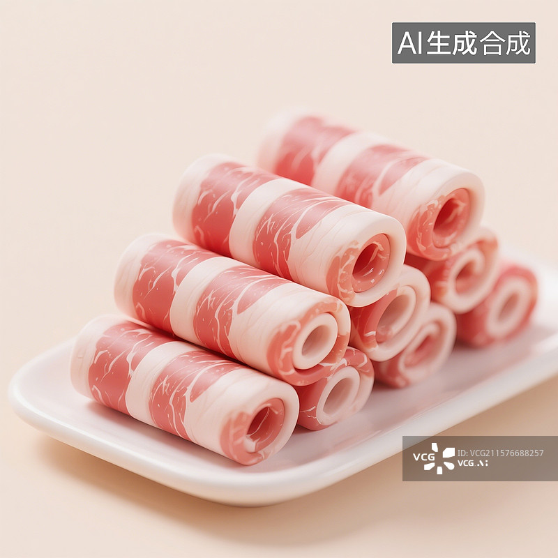 【AI数字艺术】3D渲染，一盘新鲜的火锅食材，肥牛，肥羊，中餐美食肥牛卷图片素材