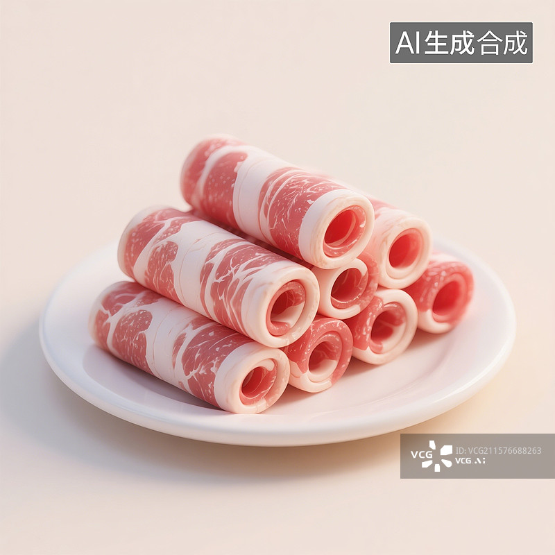 【AI数字艺术】3D渲染，一盘新鲜的火锅食材，肥牛，肥羊，中餐美食肥牛卷图片素材