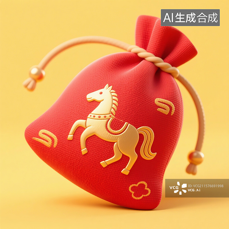 【AI数字艺术】3D渲染，中国风福袋，红色马年福袋，春节，新年，促销图片素材