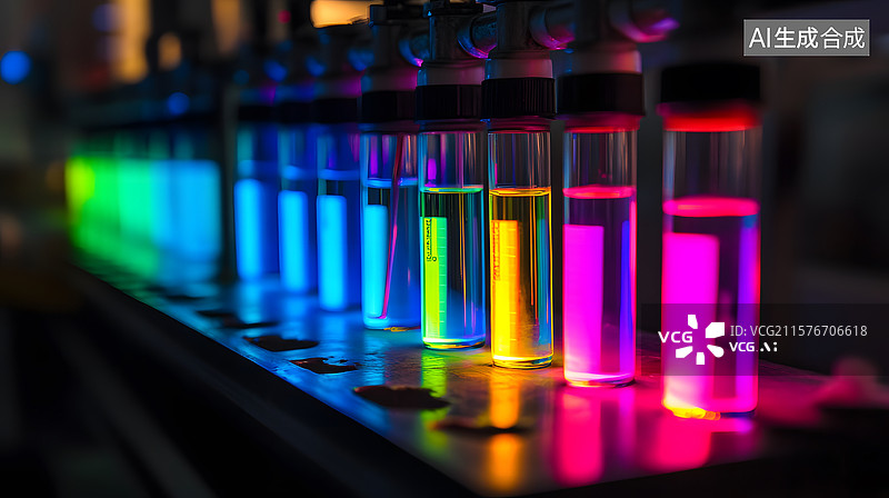 【AI数字艺术】彩色液体试管排列展示图片素材