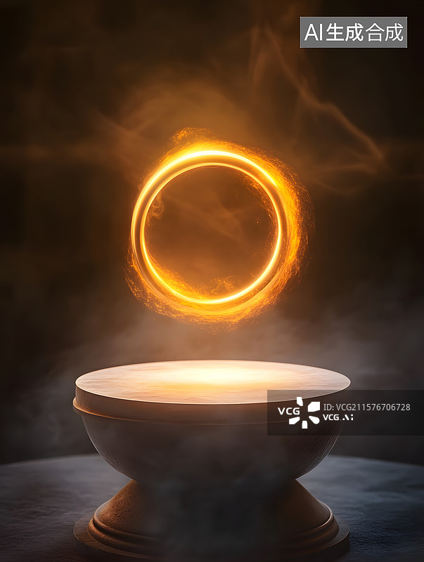 【AI数字艺术】神秘光环悬浮于古碗之上图片素材