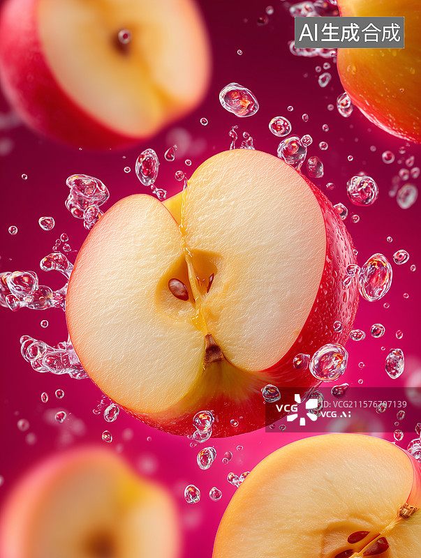 【AI数字艺术】新鲜苹果切开水滴飞溅图片素材