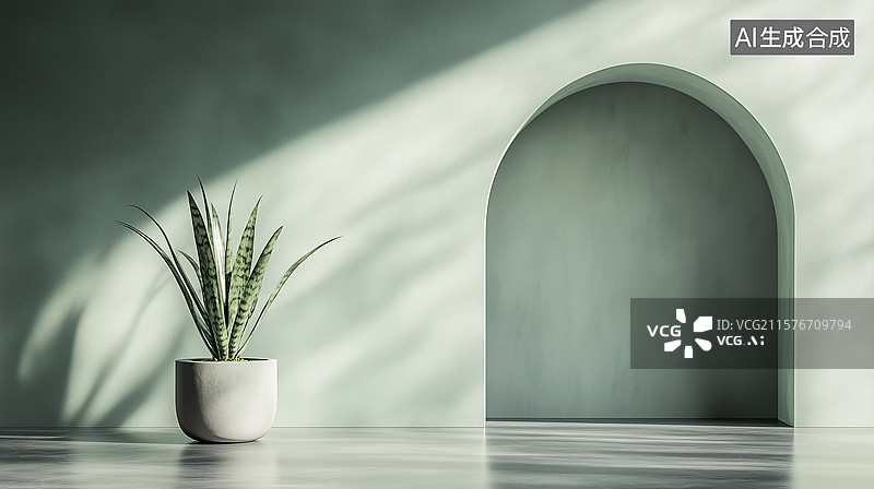 【AI数字艺术】柔和鼠尾草绿背景下的现代室内设计模型图片素材