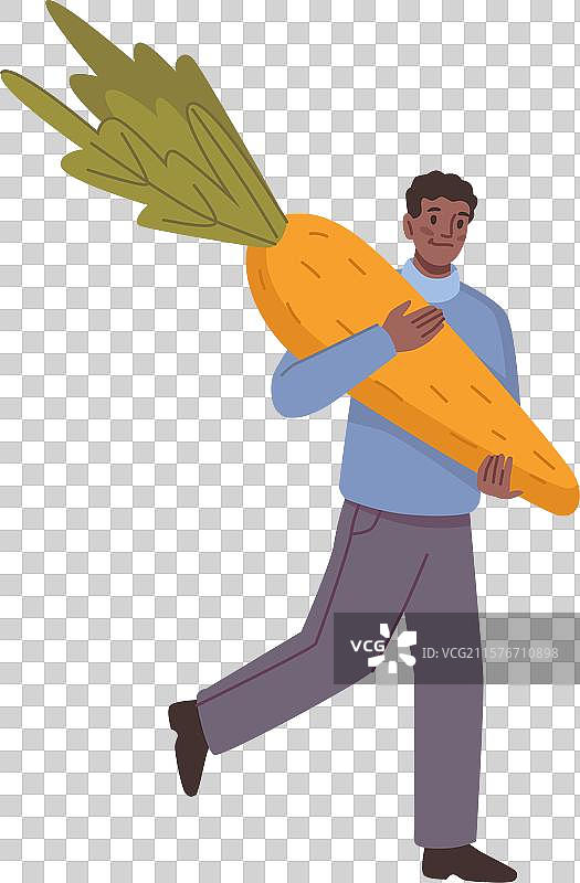 小人提着巨大的新鲜胡萝卜图片素材