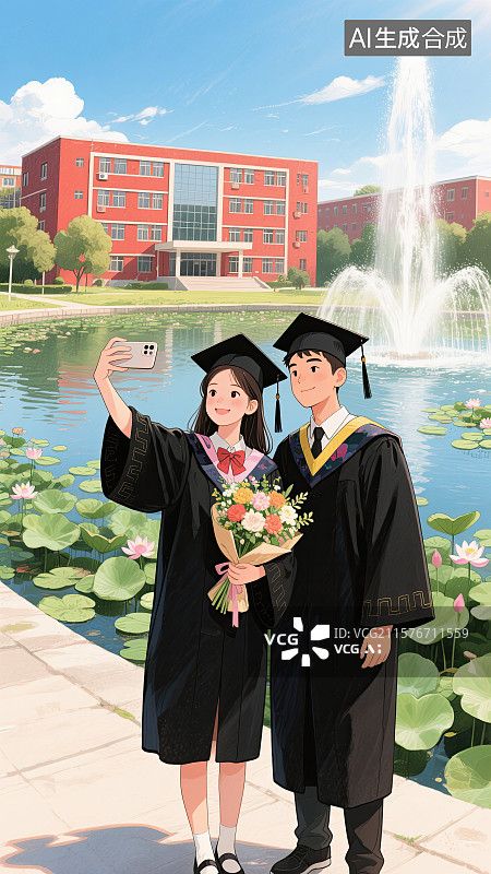 【AI数字艺术】大学生，情侣，学士服，毕业，自拍图片素材