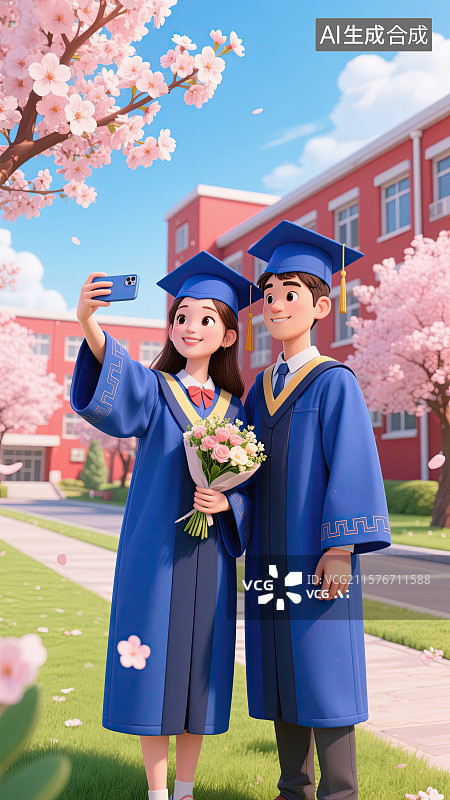 【AI数字艺术】研究生，硕士服，情侣，自拍，毕业季图片素材