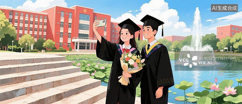 【AI数字艺术】大学生，情侣，学士服，毕业，自拍图片素材