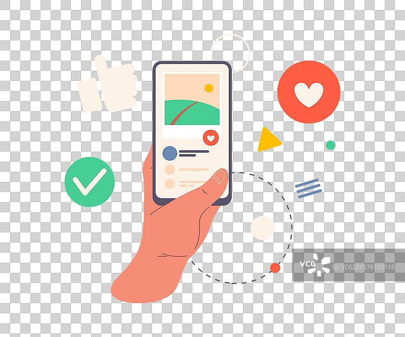 社交媒体互动、手机和点赞图片素材