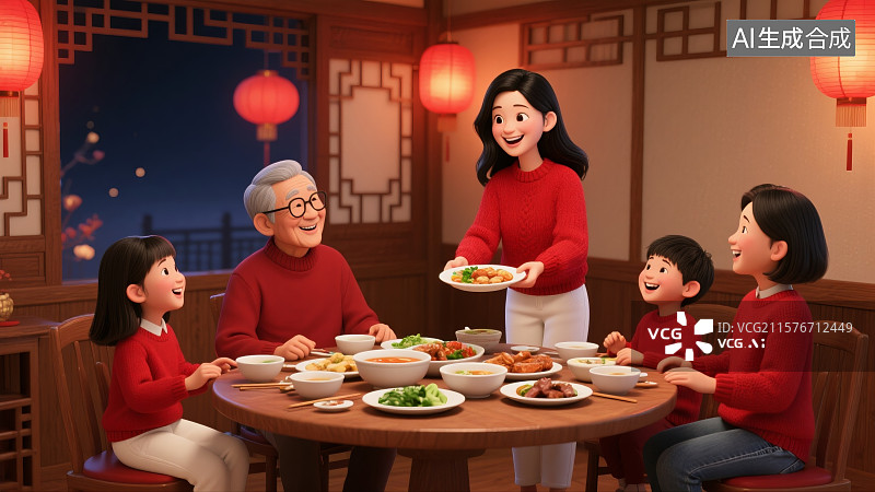 【AI数字艺术】全家福，全家人一起在吃饭，幸福开心图片素材
