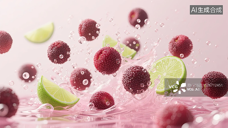 【AI数字艺术】杨梅与青柠在水中飞溅的瞬间图片素材