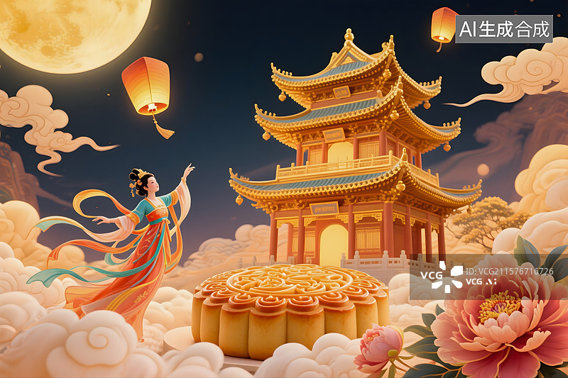【AI数字艺术】中秋月圆人团圆嫦娥奔月庆中秋图片素材