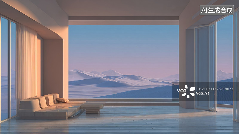 【AI数字艺术】现代建筑内部大山背景图片素材