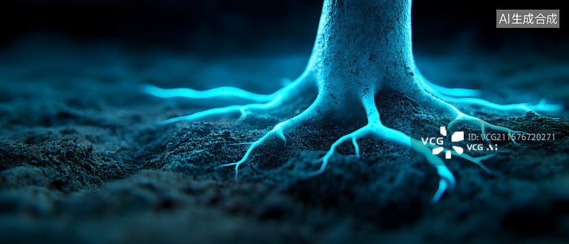 【AI数字艺术】蓝色荧光树根在土壤中蔓延图片素材