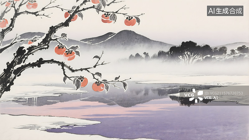 【AI数字艺术】雪落柿红冬日暖霜降图片素材