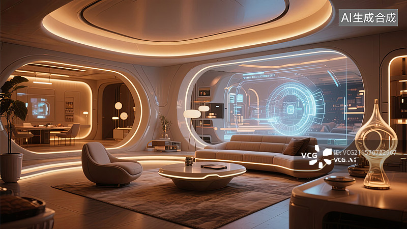 【AI数字艺术】温馨的未来科技住宅智能家居客厅样板间图片素材
