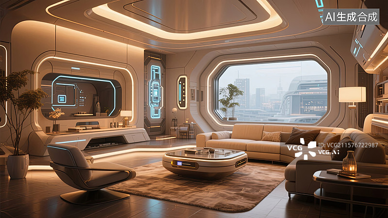 【AI数字艺术】温馨的未来科技住宅智能家居客厅样板间图片素材