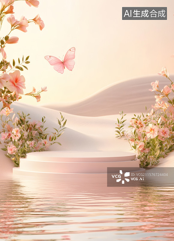 【AI数字艺术】粉色场景蝴蝶花朵平台水景图片素材