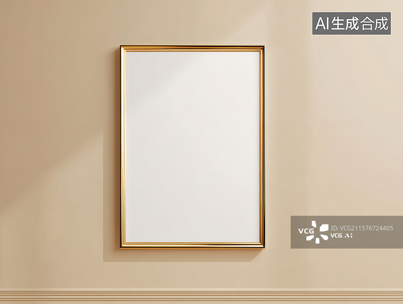 【AI数字艺术】挂在墙上的金色边框空白画框图片素材