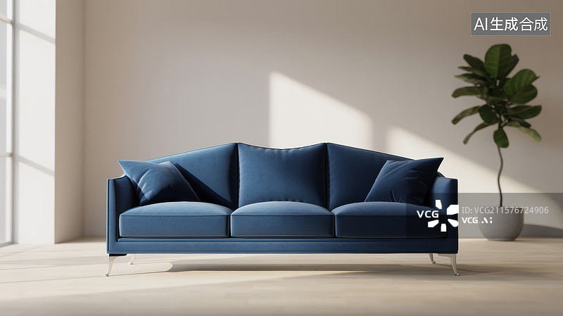 【AI数字艺术】简约客厅中的蓝色沙发图片素材