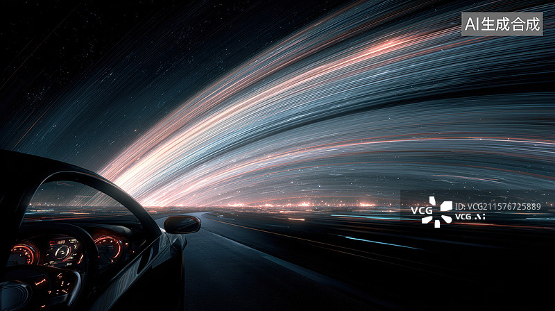 【AI数字艺术】高速行驶的汽车与光轨夜景图片素材