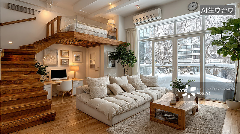 【AI数字艺术】现代温馨客厅与阁楼设计图片素材