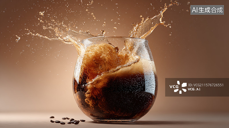 【AI数字艺术】咖啡豆落入玻璃杯溅起液体图片素材