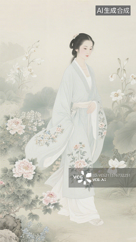 【AI数字艺术】花间漫步的女子图片素材