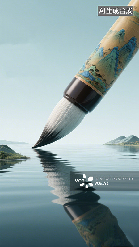 【AI数字艺术】毛笔触水，倒影山水图片素材