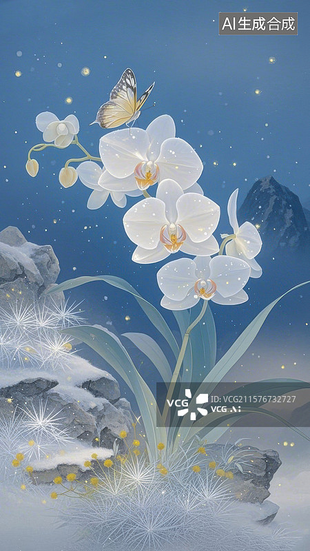【AI数字艺术】梦幻兰花与蝴蝶的静谧场景图片素材