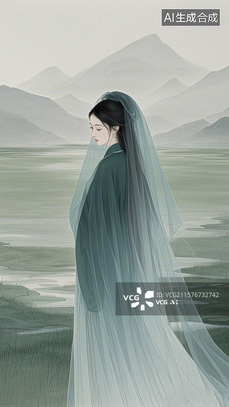【AI数字艺术】青纱笼罩的女子立于山水之间图片素材