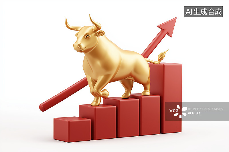 【AI数字艺术】金色牛站在上升图表上图片素材