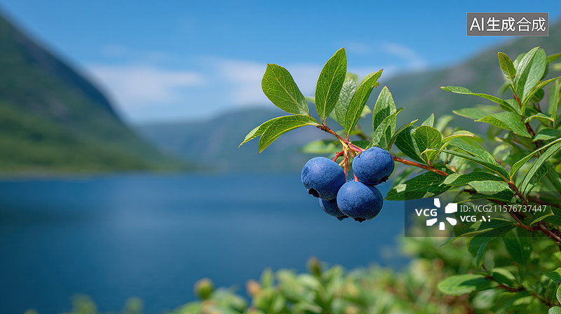 【AI数字艺术】蓝莓枝头，湖光山色背景图片素材