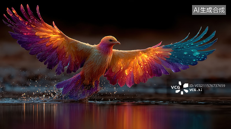 【AI数字艺术】彩虹羽翼的鸟在水面飞翔图片素材