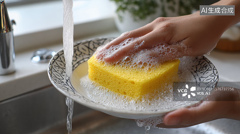 【AI数字艺术】双手清洗带泡沫的黄色海绵图片素材